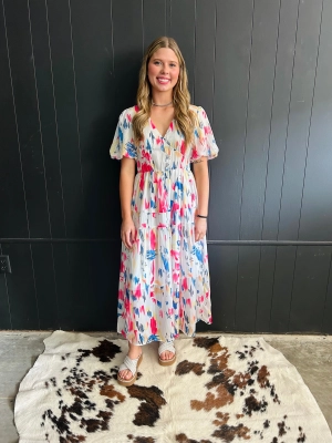 Water Color Print Puff Sleeve Tiered Maxi Dress
