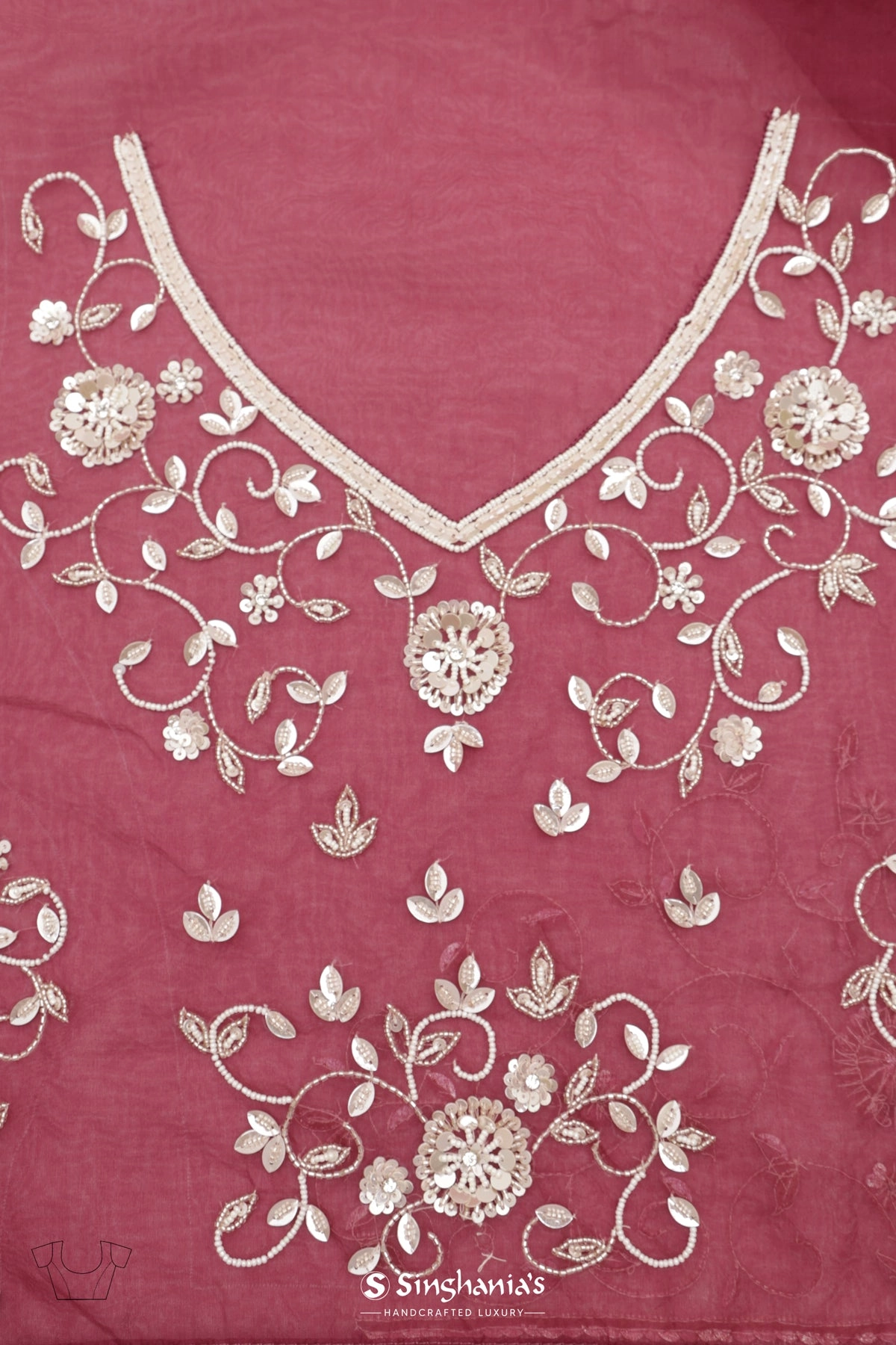 Wine Red Organza Saree With Hand Embroidery