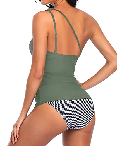 Women One Shoulder Tankini Top Bikini Bottoms For Tummy Control Swimwear-Army Green