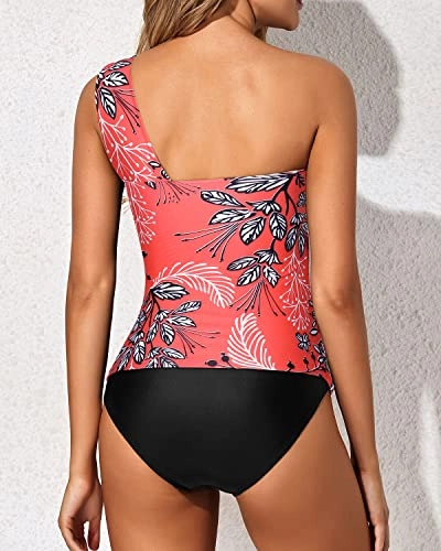 Women's 2 Piece Tankini One Shoulder Top & Flattering Shorts-Red Floral