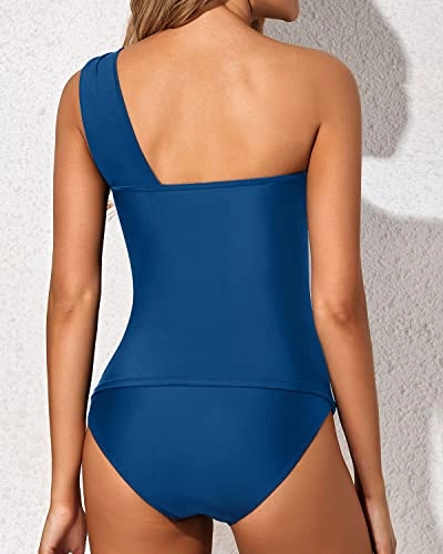 Women's 2 Piece Tankini One Shoulder Top & Ruched Shorts-Blue