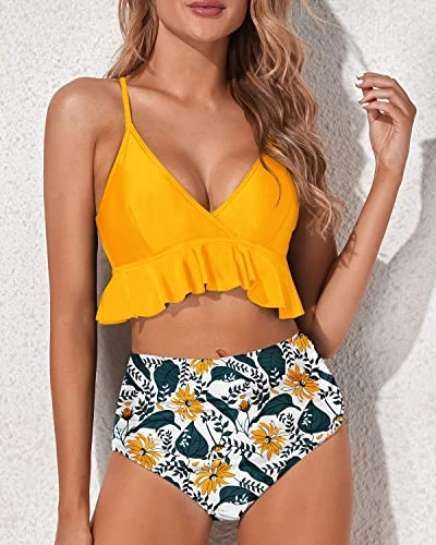 Women's Charming Ruched Bottom Bikini Swimsuit-Yellow Floral