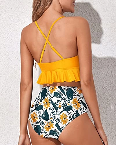 Women's Charming Ruched Bottom Bikini Swimsuit-Yellow Floral