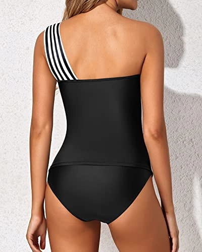 Women's Ruched Tankini Swimsuit One Shoulder Top & Shorts-Black And White Stripe