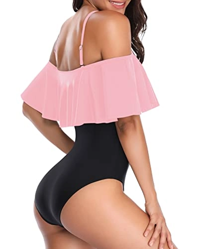 Women's Slimming Off Shoulder One Piece Bathing Suits-Pink And Black