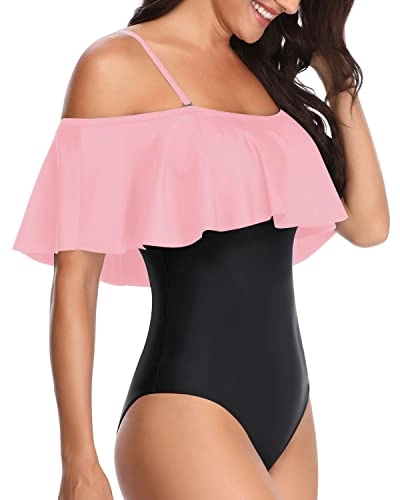 Women's Slimming Off Shoulder One Piece Bathing Suits-Pink And Black