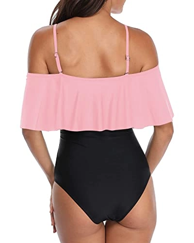 Women's Slimming Off Shoulder One Piece Bathing Suits-Pink And Black