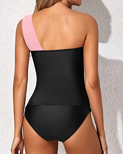Women's Tummy Control Tankini Swimsuit One Shoulder Top & Shorts-Pink And Black