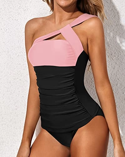 Women's Tummy Control Tankini Swimsuit One Shoulder Top & Shorts-Pink And Black