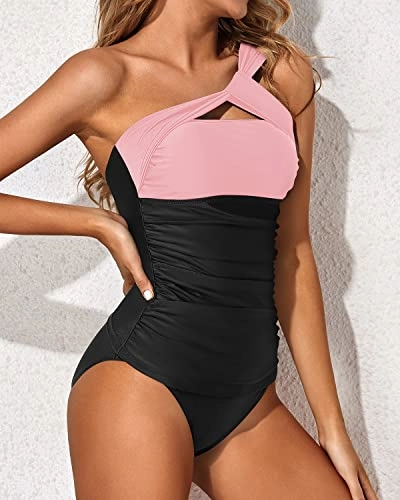 Women's Tummy Control Tankini Swimsuit One Shoulder Top & Shorts-Pink And Black