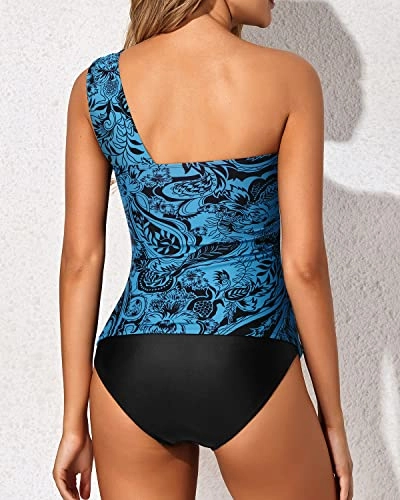 Women's Two Piece Tankini One Shoulder Top & Ruched Shorts-Black And Tribal Blue
